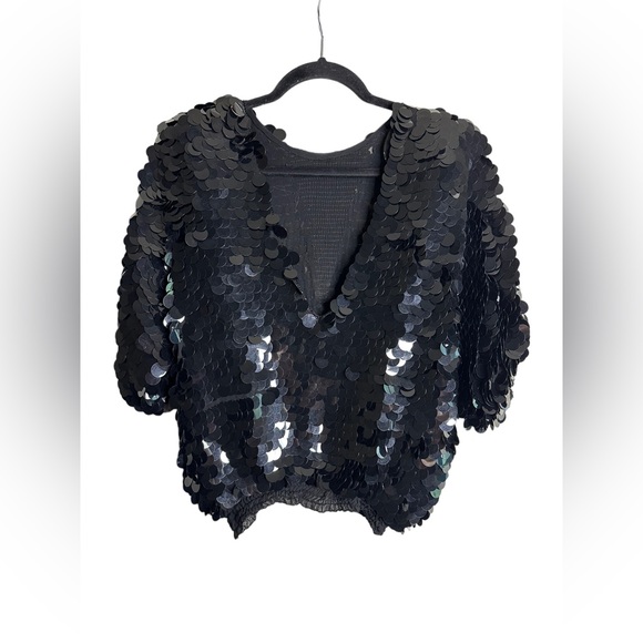 ARGENTI Black Sequin Deep V Back 100% Silk Vintage Blouse Size Small - Picture 4 of 7